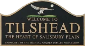 Tilshead sign with text: "Welcome to Tilshead, the heart of Salisbury Plain. sponsored by the Tilshead Golden Jubilee Association." Stonehenge, Wiltshire, Salisbury, camping, holiday lodges